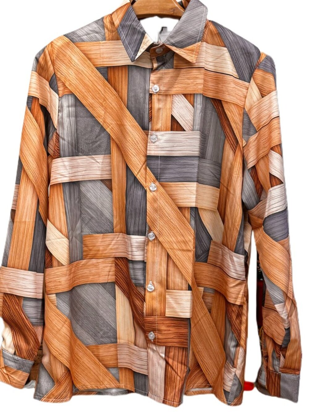 Contemporary Wood Grain Print Long Sleeve Button Up Shirt Lightweight Top Airy